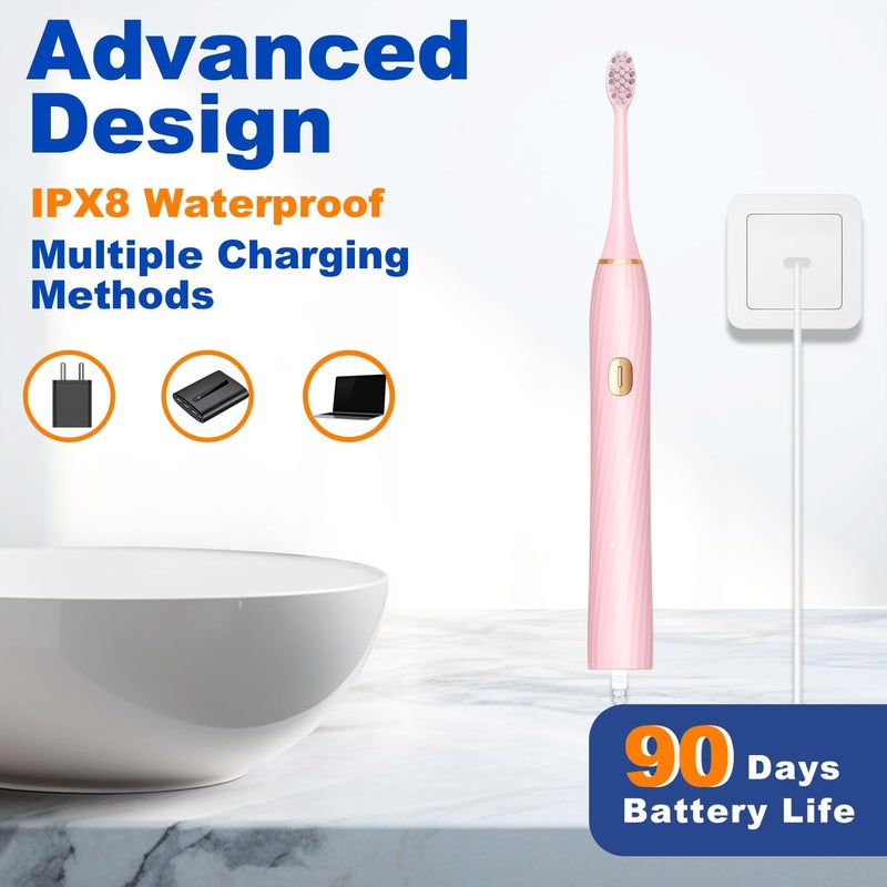 FXQQZZ Electric Toothbrush for Adults and Kids, with Tongue Scraper and Travel Case, 8 Brush Head, Smart Timer & 4 Modes Rechargeable Toothbrush, 42000 VPM Deep Clean, One Charge Last 90 Days - Rose - Image 5